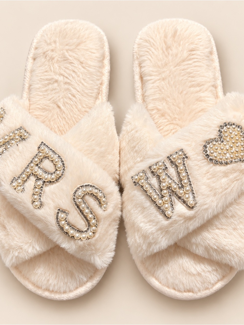 Faux Fur Pearl-Embellished Slide Slippers - Cream